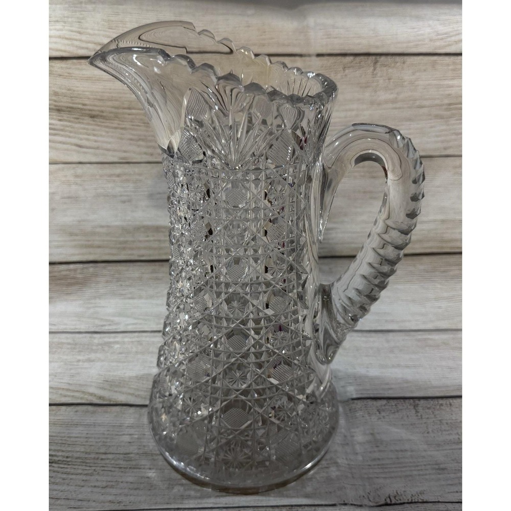 VTG American Brilliant Period Cut Glass Pitcher Harvard Cane Pattern 10" READ